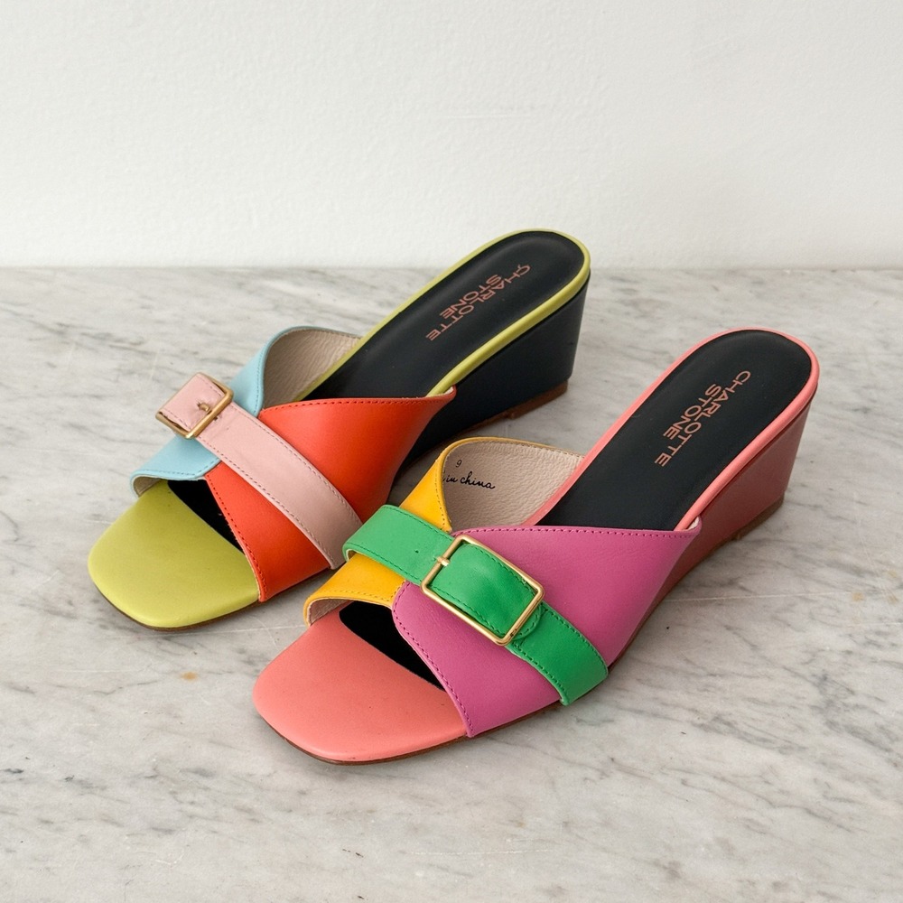 Charlotte Stone Teresa Wedge Sandals Mismatched Colorblock Leather 9 Buckle Mule